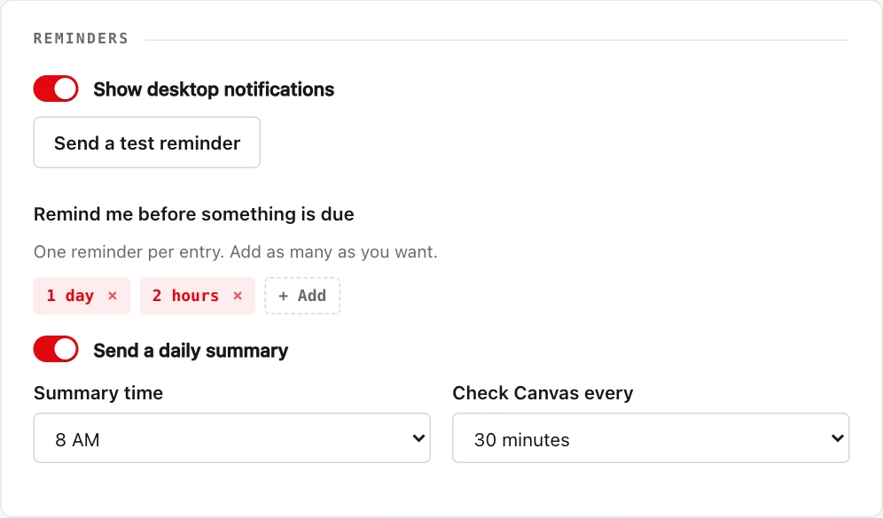 The reminder settings: a switch for desktop notifications, warning times of one day and two
        hours, a daily summary at 8 AM, and a check interval of 30 minutes.